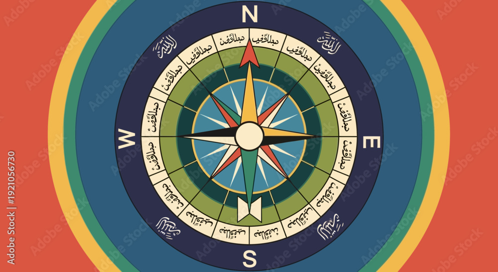 Naklejka premium Islamic Compass Rose with Kaaba Direction