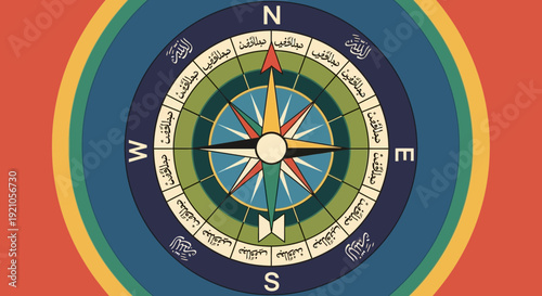Islamic Compass Rose with Kaaba Direction
