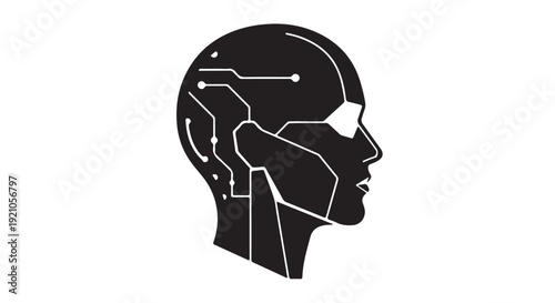 Robot Human Head Silhouette with Circuit Board Design in Minimalist Style with High Contrast Black and White for Technology