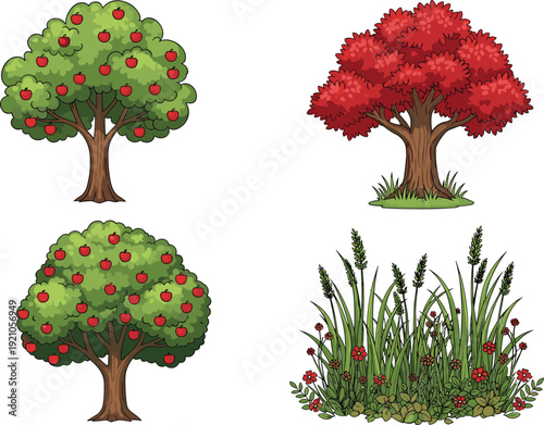 Vector set of two green apple trees with red fruit alongside a vibrant red autumn maple tree and a wild meadow grass bush with flowers