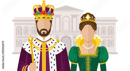 King and Queen Couple Royal Monarchs with Crown and Scepter, Palace Background