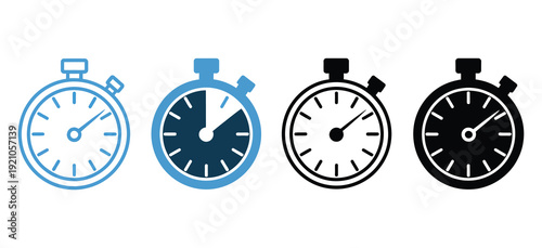Stopwatch multiple style icon set vector, including analog and digital timer icons, clean vector illustration