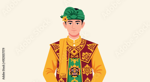 Man in Traditional Indonesian Costume, Cultural Attire, Batik Pattern