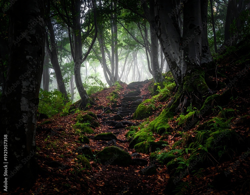Fototapeta premium Misty forest path ascending through lush, green undergrowth