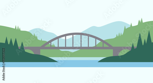 Modern Arch Bridge Crossing River in Green Mountain Landscape
