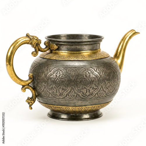 Vintage Engraved Metal Ewer with Brass Handle and Curved Spout Isolated on White