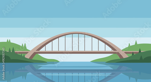Modern Arch Bridge over Calm River with Green Hills and Reflections