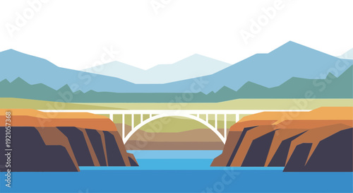 Modern Arch Bridge Spanning a River Canyon with Mountains