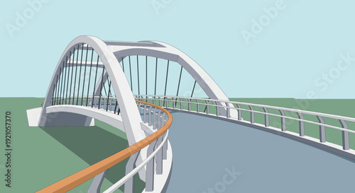 Modern Arch Bridge with Cable Stays and Curved Road Perspective