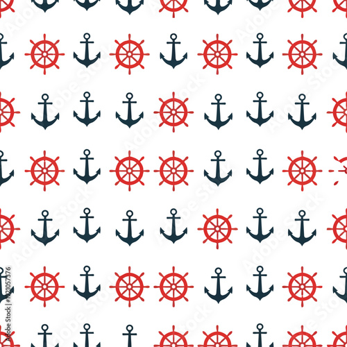 Nautical seamless pattern anchors and ship wheels nautical fabric design marine illustration coastal background vector