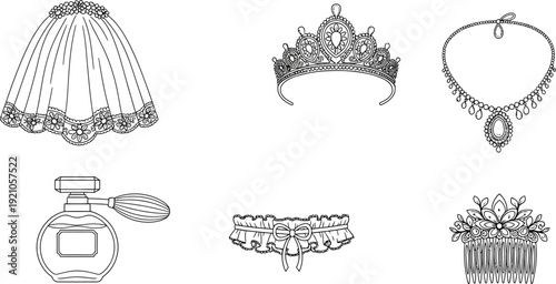 Collection of wedding accessories including veil tiara necklace perfume bottle garter and hair comb line art illustration for bridal design
