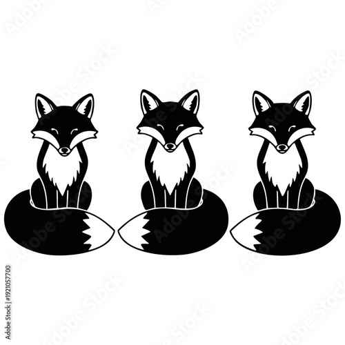 Three Foxes Sitting Vector - Cute Forest Animal Silhouette Woodcut Art
