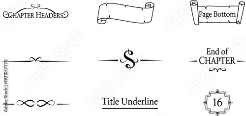 Collection of vintage ornamental dividers and page elements including chapter headers and separators for elegant book design