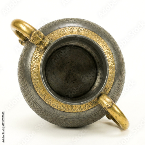 Top View of Antique Engraved Metal Ewer with Brass Rim Detail Isolated on White