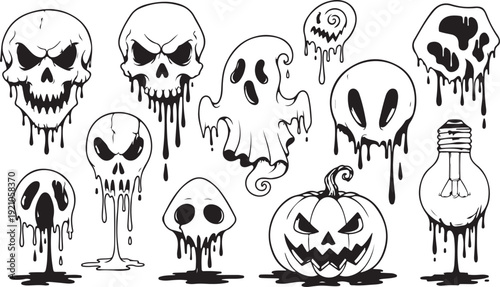 Creepy halloween-themed illustrations featuring dripping skulls and a pumpkin. Vector