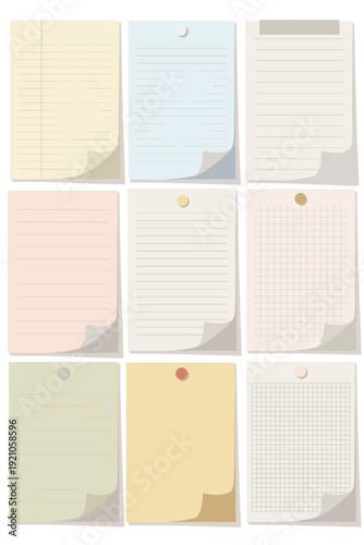 Collection of nine assorted blank paper notes and sheets in various pastel colors, including lined and grid patterns, pinned with thumbtacks and tape. This versatile graphic resource kit is perfect fo