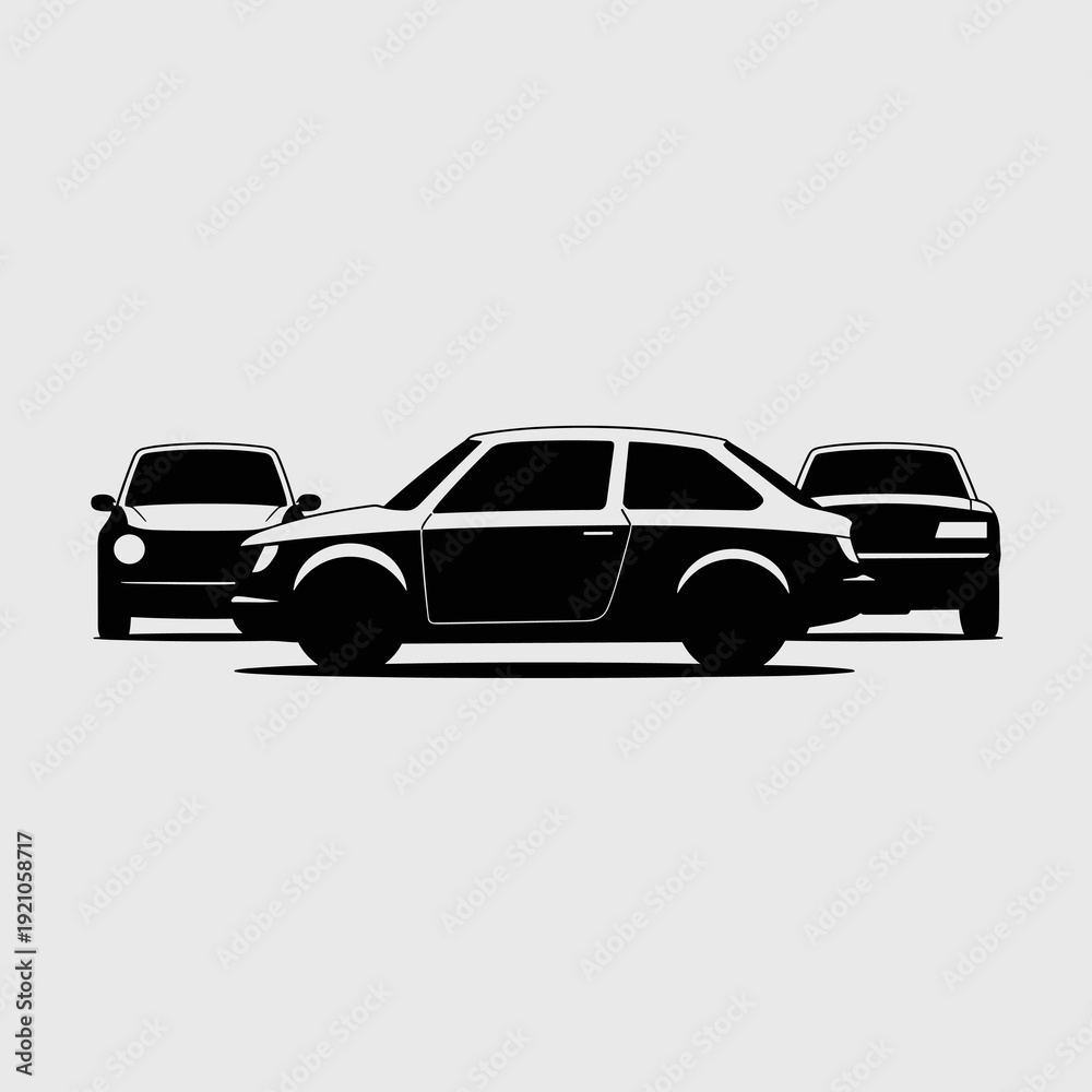 Fototapeta premium Three Classic Black Sedans in a Row, Vector Silhouette Art, Clean Minimalist Design for Automotive Advertising, Transportation Graphics, Branding and Marketing Concepts, Driving Imagery, Modern Style,