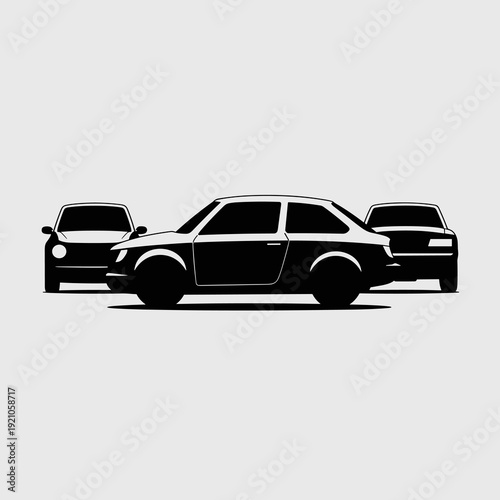 Three Classic Black Sedans in a Row, Vector Silhouette Art, Clean Minimalist Design for Automotive Advertising, Transportation Graphics, Branding and Marketing Concepts, Driving Imagery, Modern Style,