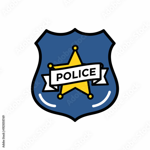 A police badge with a star, police department logo. Featuring a shield shape and banner that reads POLICE