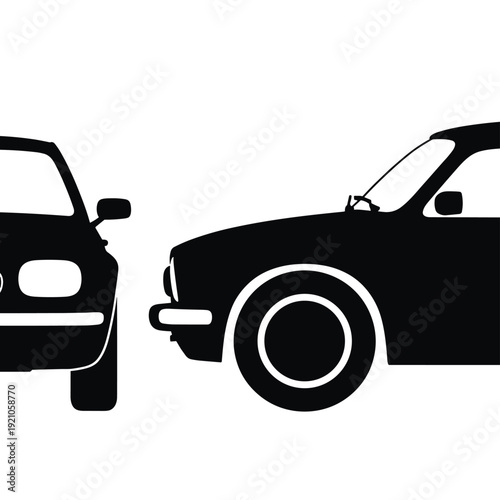 Close-up Silhouette of Two Cars Parked Side-by-Side, Representing Collision, Accident, or Traffic Congestion; Concept of Vehicle Insurance, Road Safety, or Urban Transportation Challenges; Clean Vecto