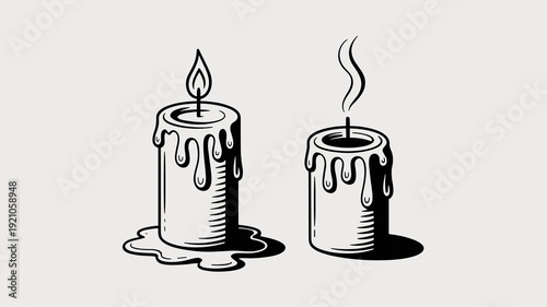 Two Melting Candles: One Burning Brightly with a Flame and the Other Extinguished with Wisps of Smoke, Isolated on a Clean White Background, Representing Contrast, Transition, Endings, Beginnings, and