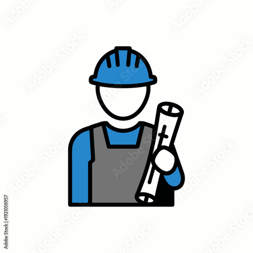 A builder in a hard hat and holding a blueprint, symbolizing construction, building, and design. The figure stands ready to create and implement architectural plans