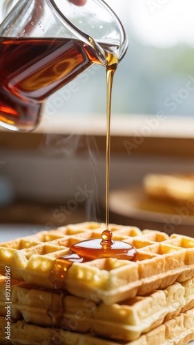 Syrup pouring on stacked waffles breakfast food