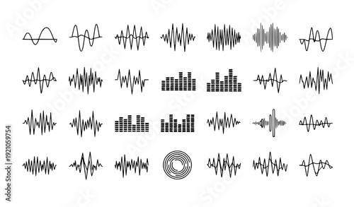 Sound Vibration Wave Vector Set with Audio Signal and Frequency Line Icons