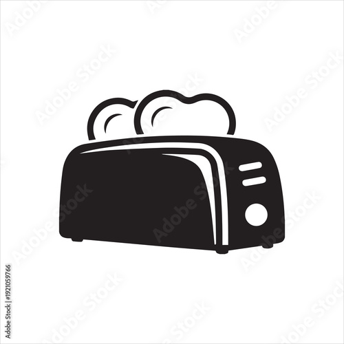 A black and white silhouette of a toaster with two slices of bread inside ready for breakfast time meal