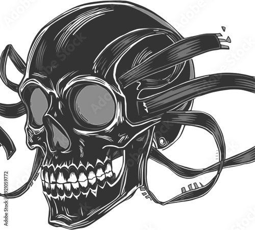 A detailed, high-contrast illustration of a skull with a gothic or abstract design featuring flowing ribbons or bands emanating from it, perfect for edgy graphic art and dark themes
