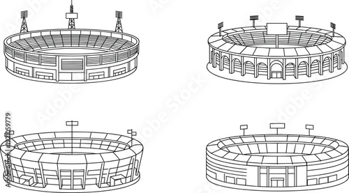 Vector illustration of circular stadium icons, sports arena architecture drawing, modern event venue sketch, football coliseum structure design outline