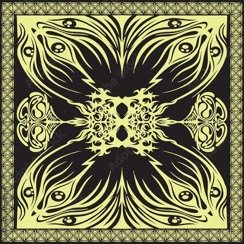 Artistic bandana slayer scarf design in yellow on black background, handkerchief illustration, symmetrical pattern design editable