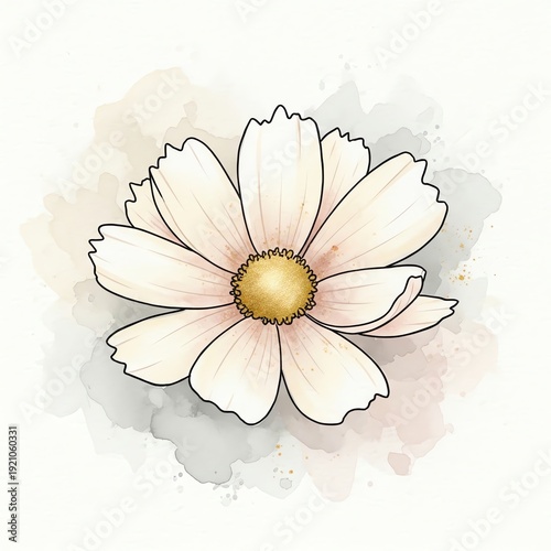 Illustration of a white flower with a yellow center on a watercolor background with soft pink and gray hues.