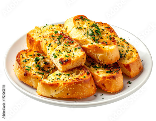 Delicious garlic bread slices on a white plate ready to eat.