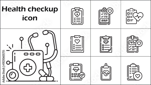 Health checkup icon. A doctor's stethoscope is on the left side of the image