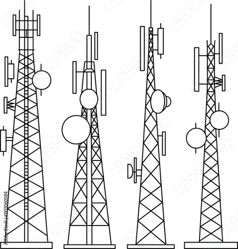 Vector illustration of four telecommunication towers with antennas and satellite dishes, modern wireless communication infrastructure, black and white line art design