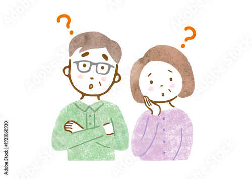 悩んでいる様子のシニアカップルのイラスト（上半身）