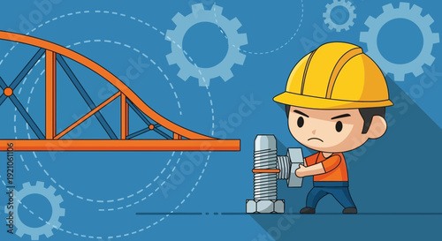 Cartoon Construction Worker with Hardhat and Tools.