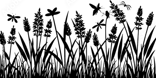 Wildflowers and dragonflies in silhouette meadow grass, meadow, grass, wildflowers, cattails, reeds, grasses, dragonflies, insects, flying, nature, silhouette, black and white, outdoor, summer, field,