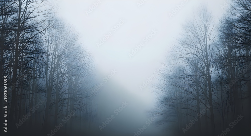 Obraz premium Mysterious Foggy Forest Path - A Serene and Ethereal Landscape.