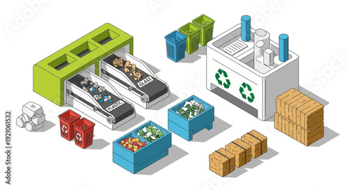 Recycling Facility with Machines and Containers.