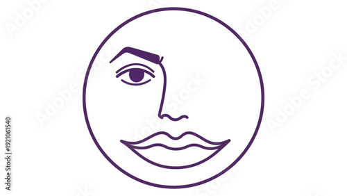 minimalist stylized face line art single eye nose lips in purple circle abstract modern graphic design for brands.