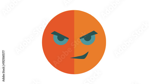 mischievous angry face emoji icon with a cunning smirk and raised eyebrows in dual orange tones illustrating slyness and tricky emotions.