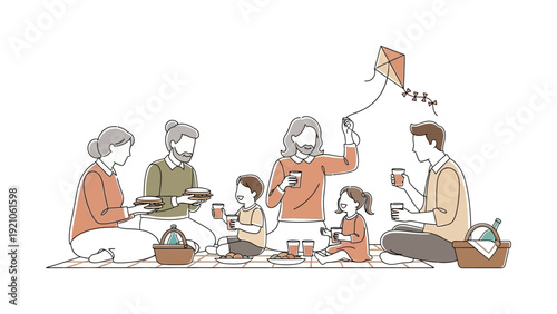 multi-generational family enjoying outdoor picnic with food drinks flying kite symbolizing summer leisure family fun and togetherness.