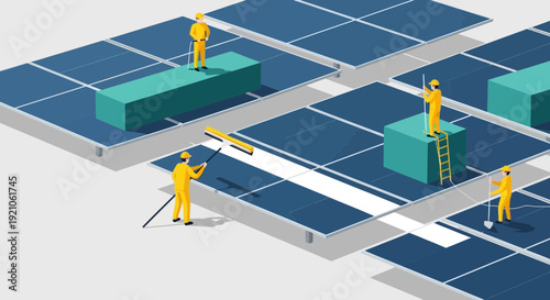 Workers Maintaining Solar Panels on Roof.