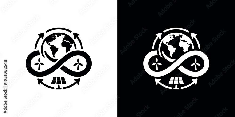 Fototapeta premium Black and white eco friendly symbols with globe and renewable energy