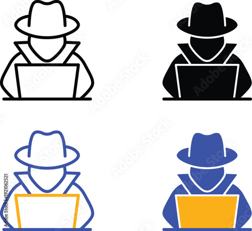 Anonymous Hacker Using Computer Laptop For Cyber Security Data Theft Or Private Investigation Information Access Vector Silhouette, Pictogram and Line Icon Set.eps