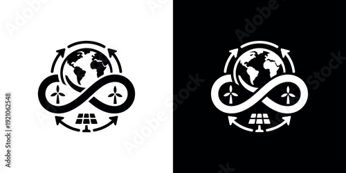 Black and white eco friendly symbols with globe and renewable energy