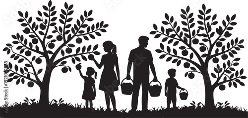 Family Apple Picking Silhouette Vector Illustration Harvest Scene EPS