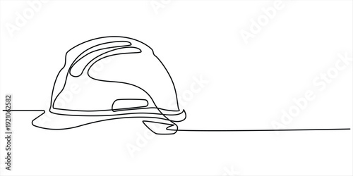 Safety helmet continuous one line art drawing for construction branding and industrial minimal icon design, Hard Hat continuous one line drawing, Continuous one line drawing of isolated hard hat. Hard